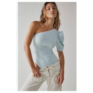 Intimately Free People Somethin Bout You Bodysuit M Lt Blue Ruched One Shoulder